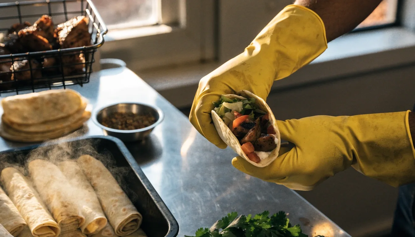 Fresh burrito being wrapped to order in a Melbourne Guzman y Gomez style kitchen
