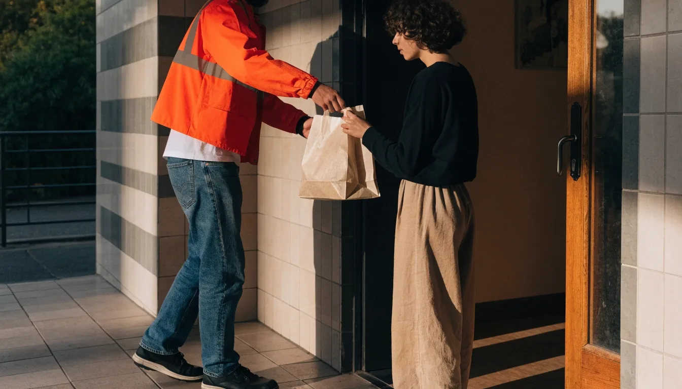 Courier handing over a delivery order at the door