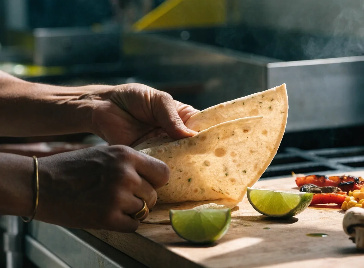 Hands folding a tortilla with fresh ingredients nearby