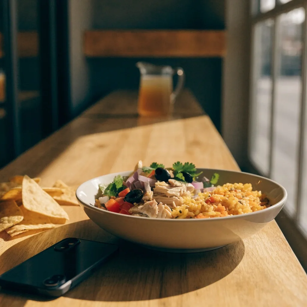 Table with burrito bowl and laptop set aside in daylight