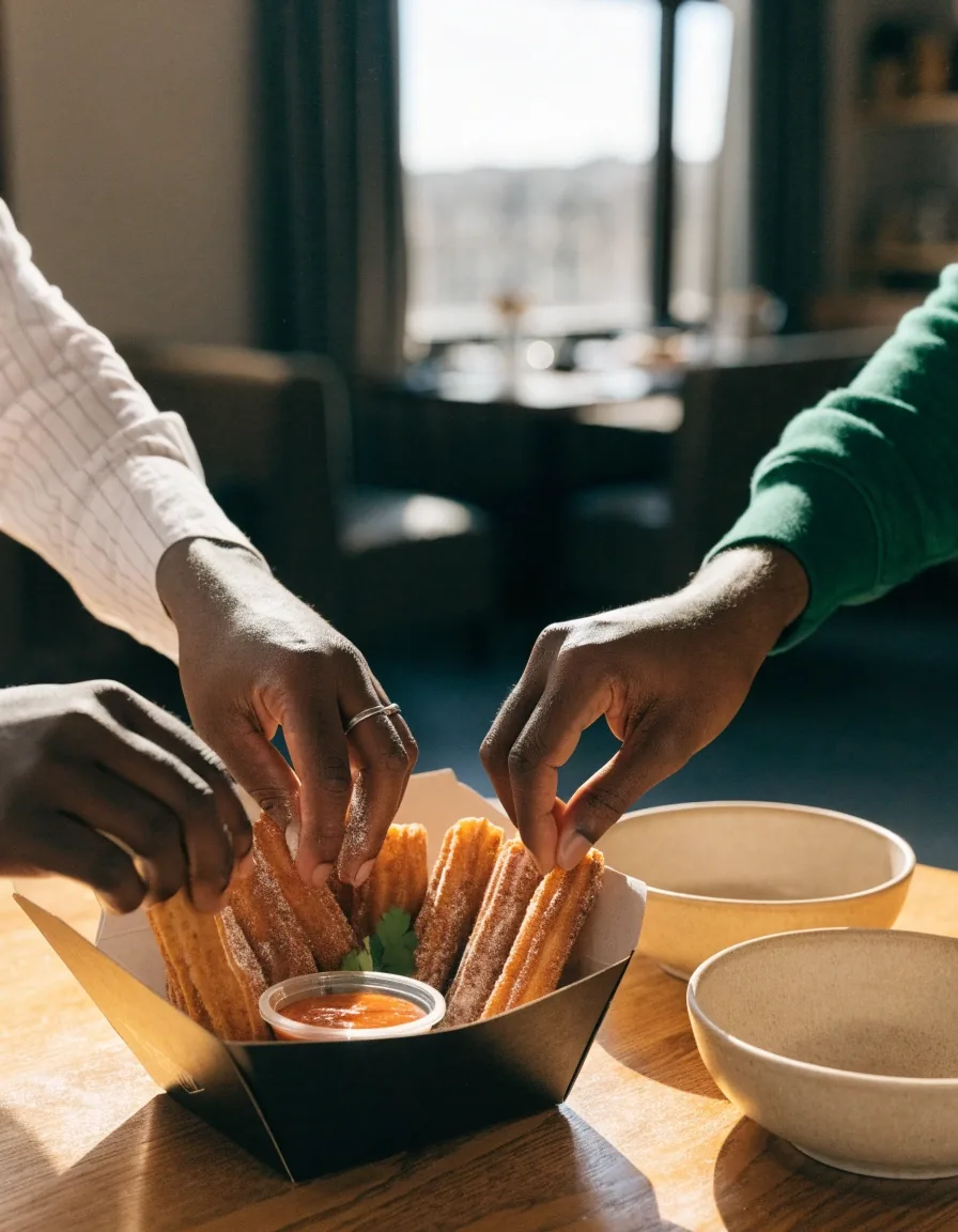 Shared churros with dipping sauce after burritos and bowls