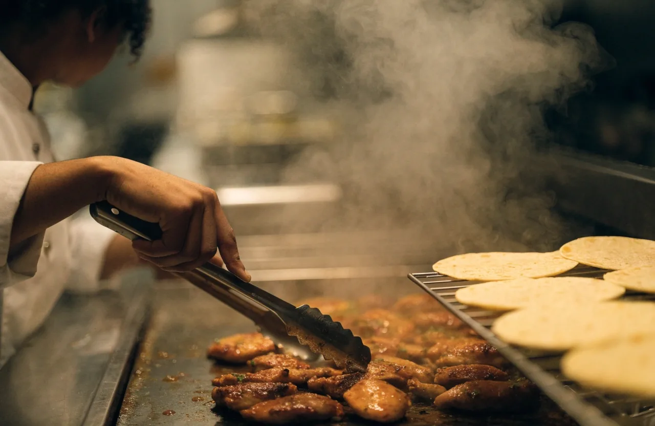 Cook grilling fillings and warming tortillas to order