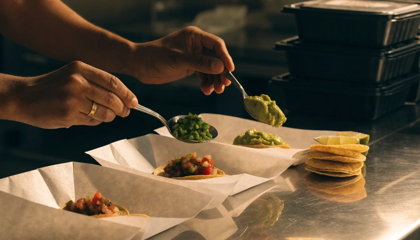 Cook assembling a Guzman y Gomez bowl to order in the kitchen