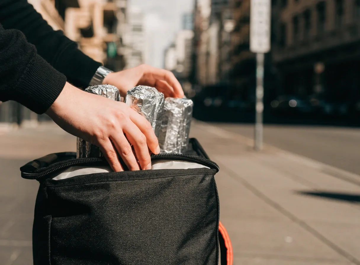 Courier packing wrapped burritos for delivery in Melbourne
