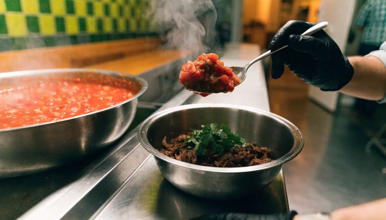 Fresh salsas being spooned over a bowl in the kitchen