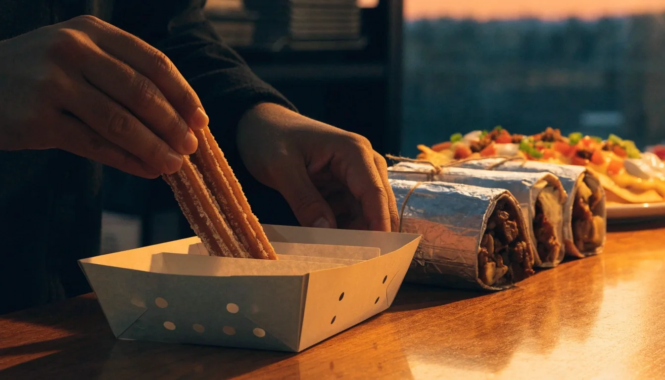 Shared Guzman y Gomez table with burritos, bowls and churros in warm light