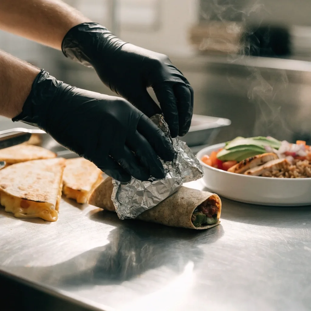 Wrapped burrito and quesadilla beside an open bowl ready for delivery