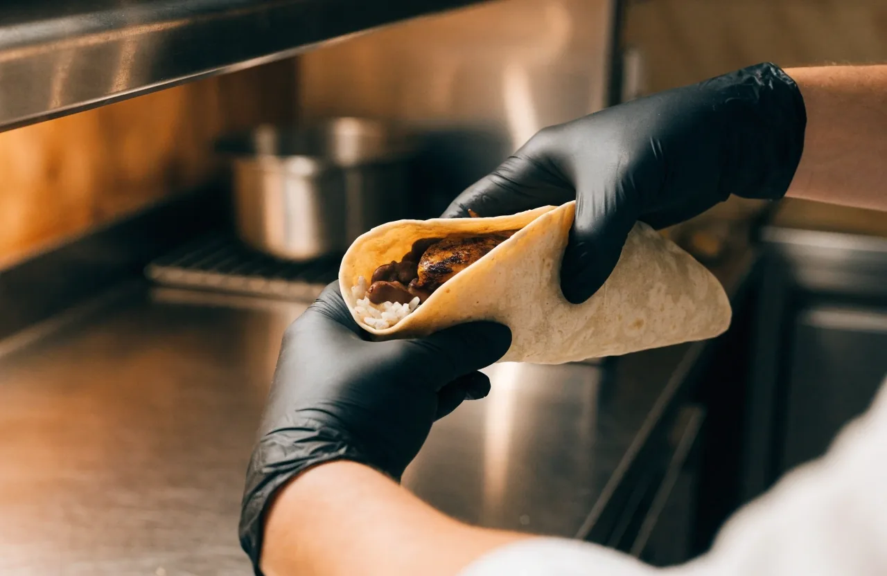 Kitchen hands folding a soft tortilla burrito with fresh fillings
