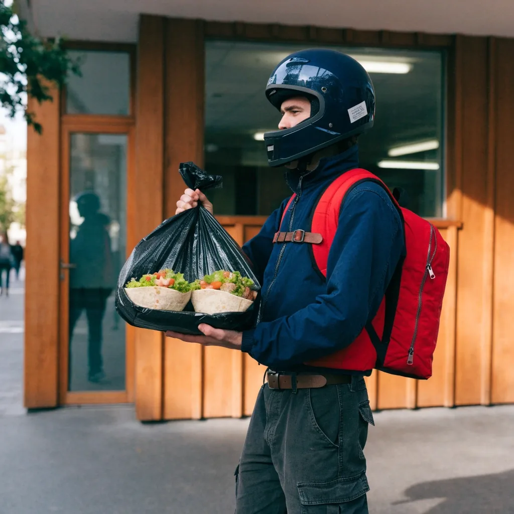 Courier collecting a sealed takeaway bag for delivery